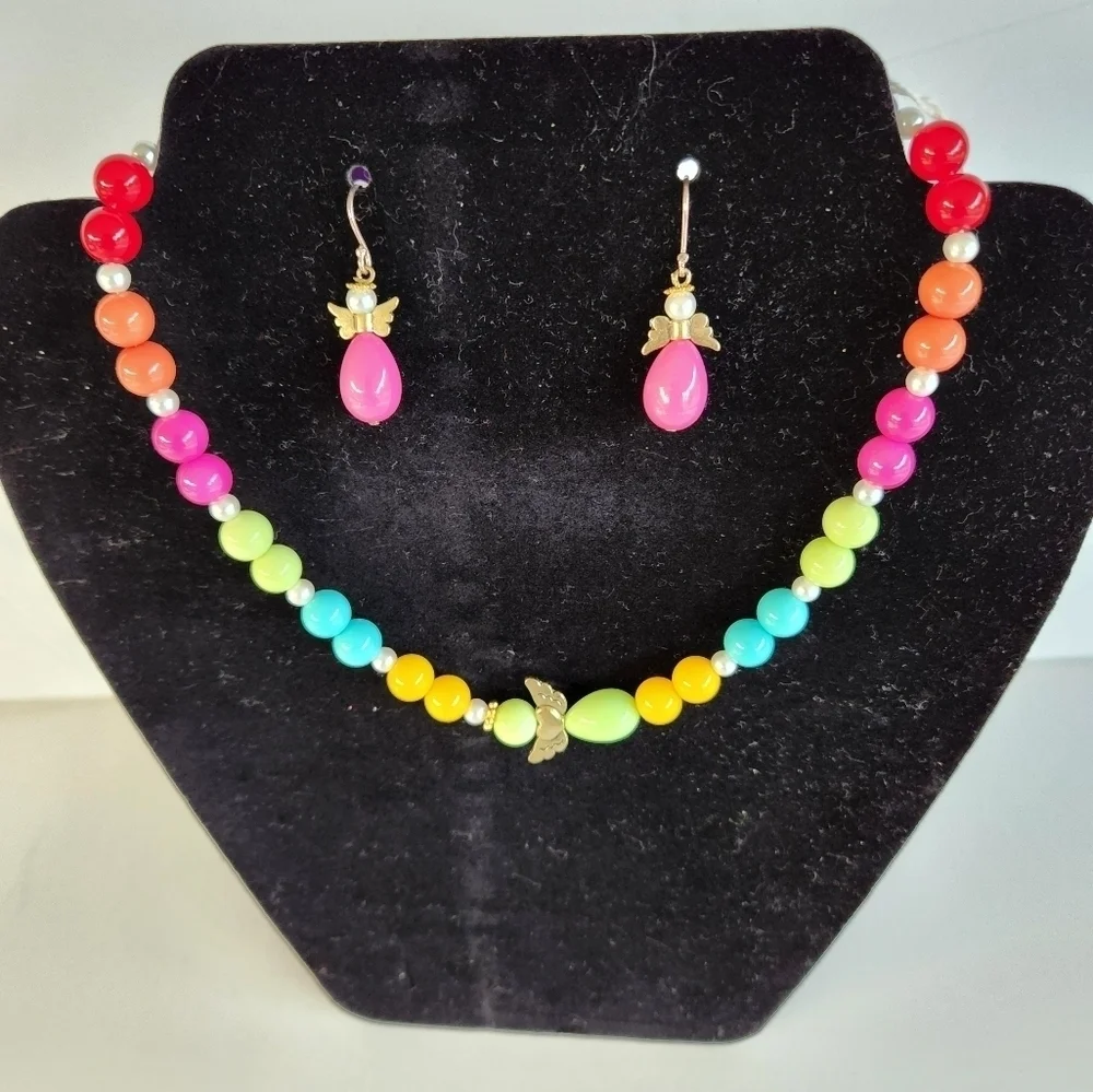 Hand Crafted Necklace and Pierced Drop Earrings Angel Wings Pearls Pink Beads
